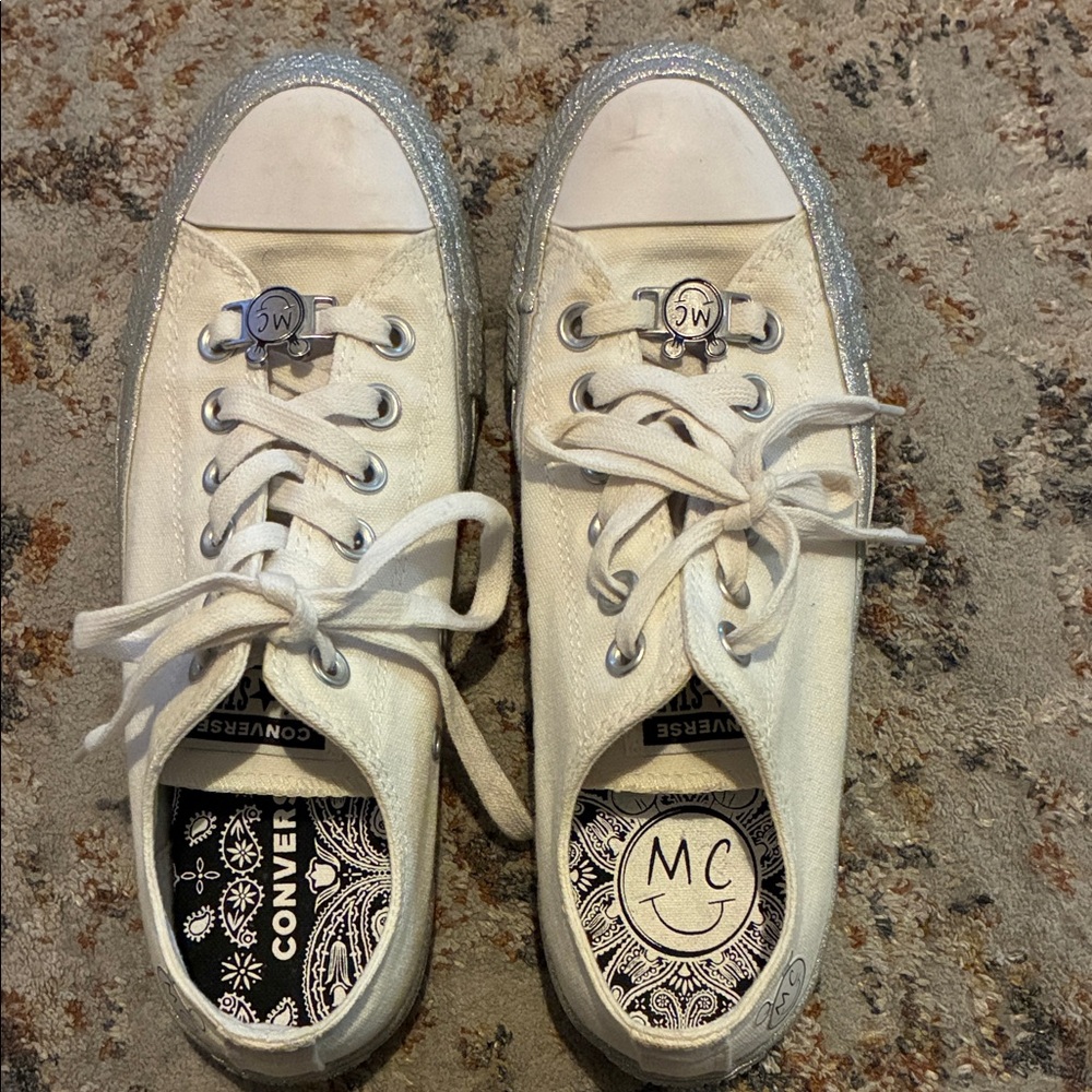 Converse White Kids Low Top Sneakers with Silver Glitter Trim